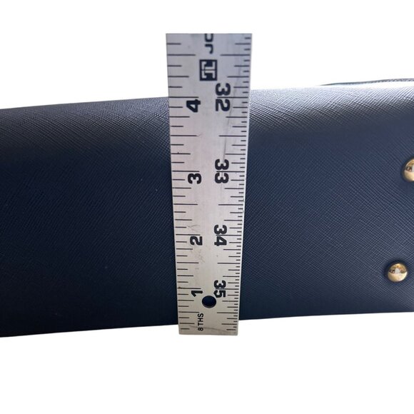 Small Navy Faux Leather Blue Handbag With Gold Accents & Double Handles Classy - Picture 8 of 9